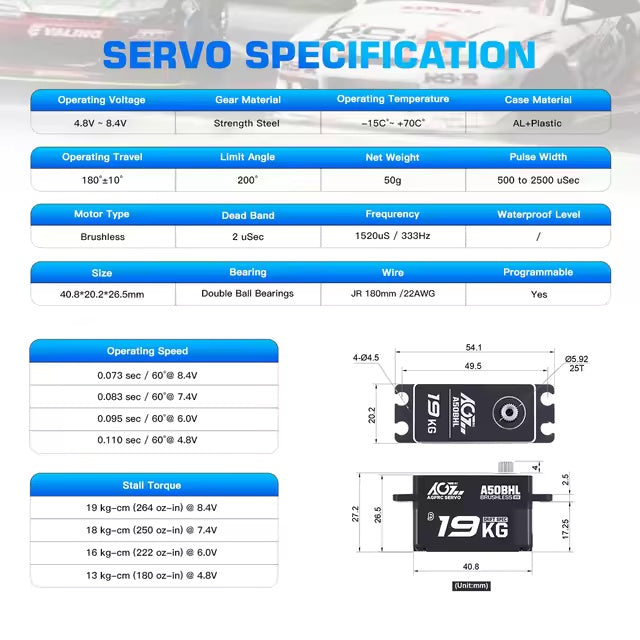 AGFRC High Torque 19KG Programmable Low Profile Brushless Digital Servo A50BHL