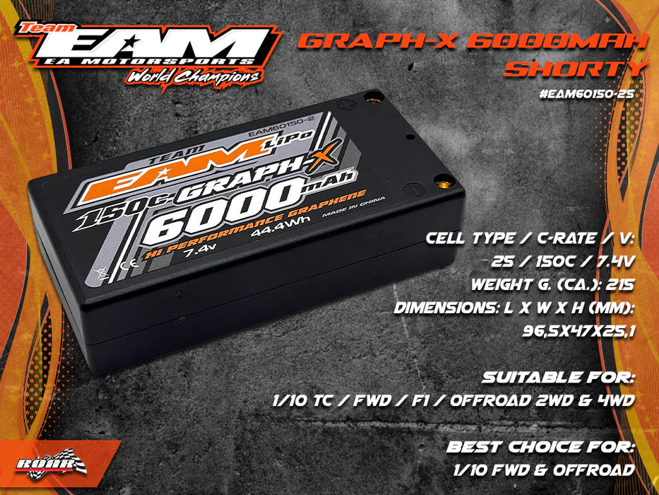 Team EAM 6000mah 150c Shorty Lipo High Mah Pack. 2S Battery **New for 2025**